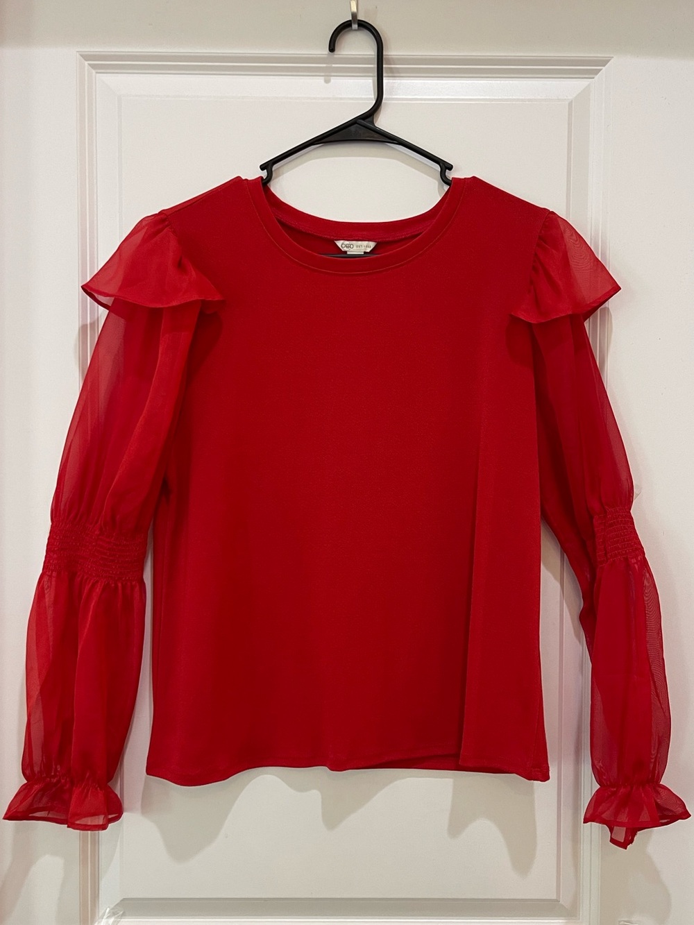 Cato Red Sheer Long Sleeve Ruffle Shoulder Smocked Cuff Blouse Top M
